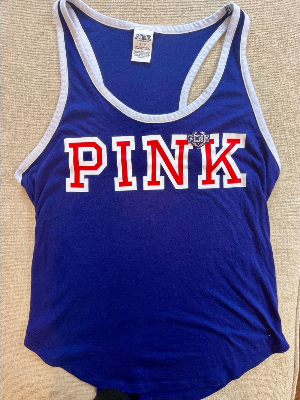 PINK Victoria's Secret Women’s Navy Blue Tank Top with White Trim